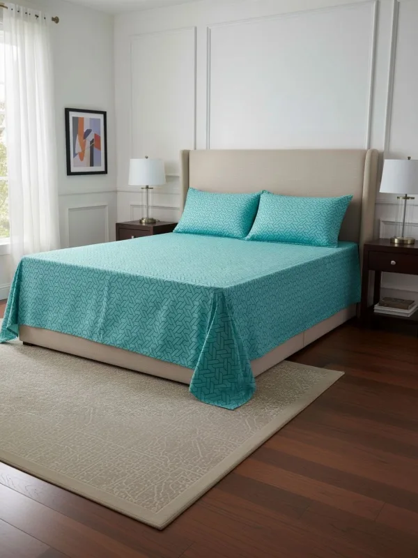 Aqua Geometric 200 TC Cotton king size bedsheet with 2 pillow covers, on a styled king bed