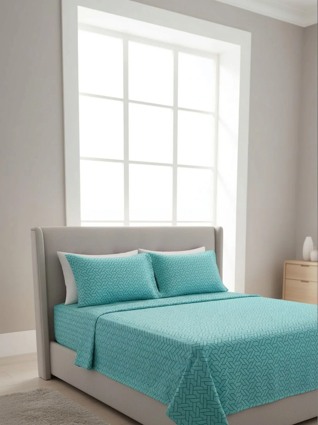Aqua Geometric 200 TC Cotton king size bedsheet with 2 pillow covers, styled bedroom view