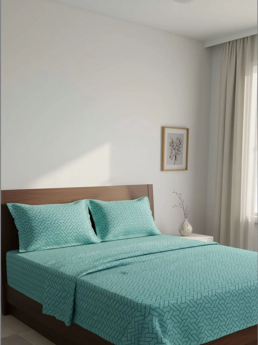 Aqua Geometric 200 TC Cotton king size bedsheet with 2 pillow covers, fabric and pillow cover close-up