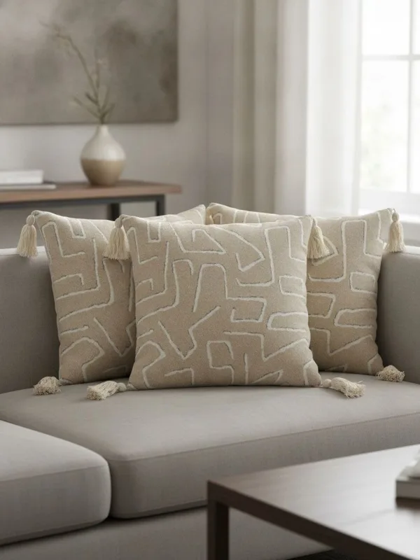 Beige Abstract Maze Tasselled cushion covers, set of 2, 16 x 16 inch, styled on a sofa