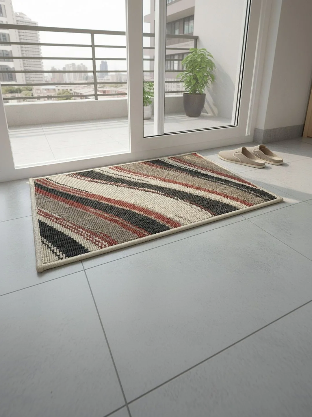 Beige Abstract Wave Anti-Skid Doormat 60 x 40 cm in beige, charcoal & rust, backing detail