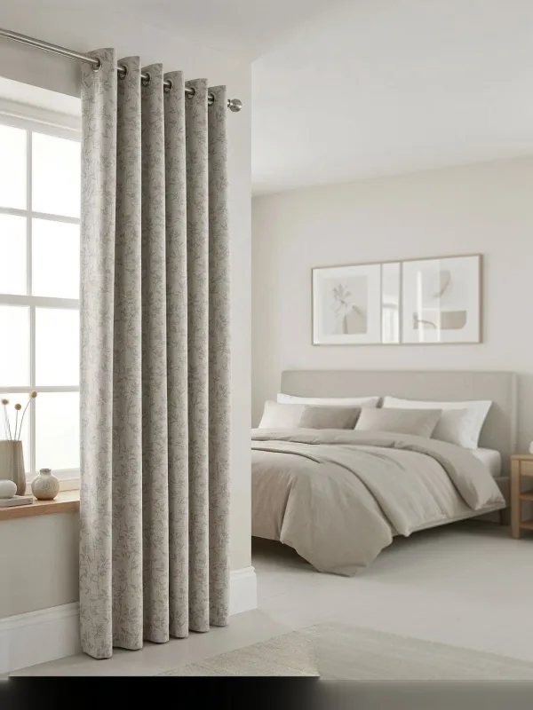 Beige & Taupe Leaf eyelet curtain in beige & taupe, styled in a room