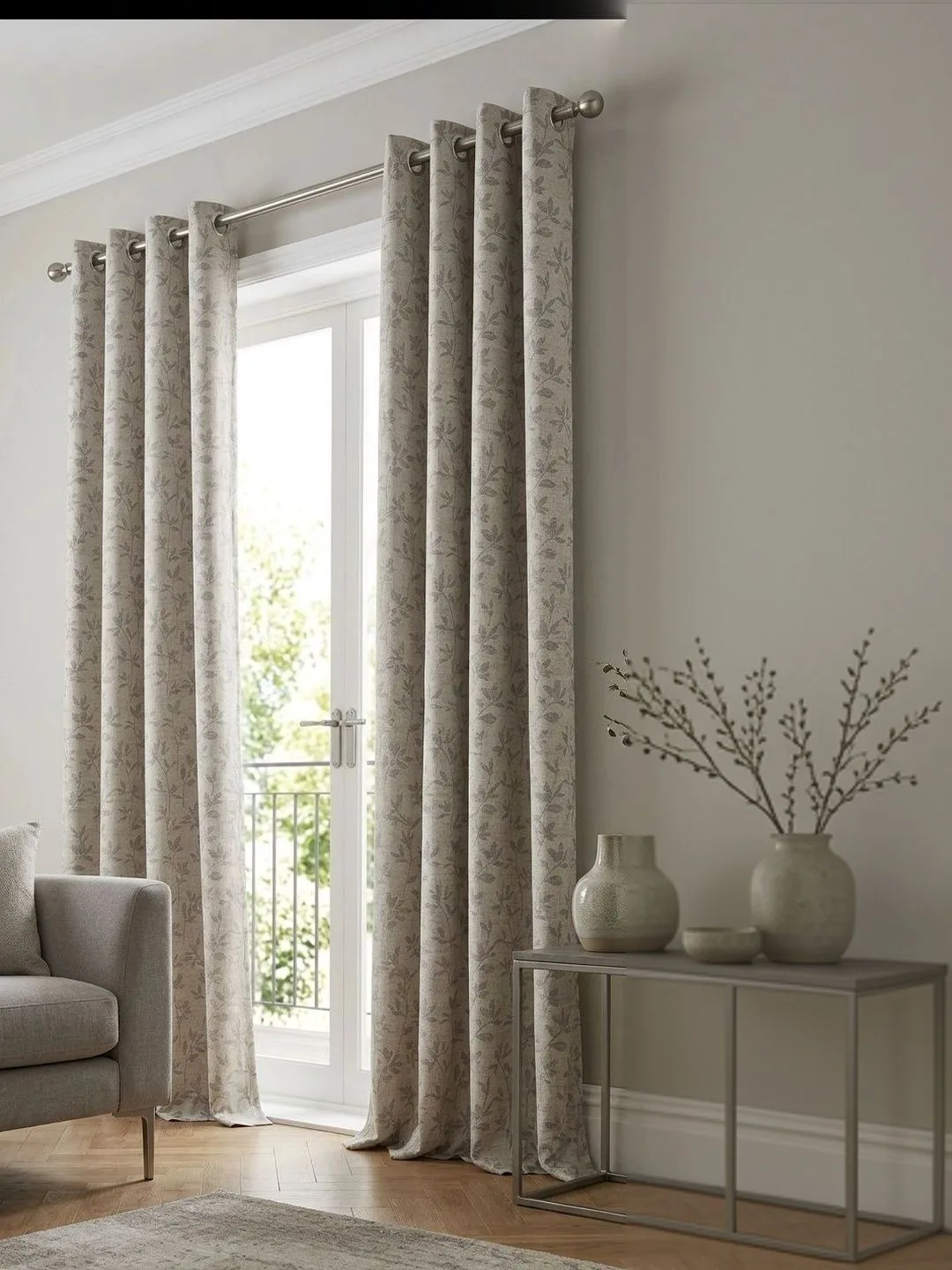Beige & Taupe Leaf eyelet curtain in beige & taupe, full length view
