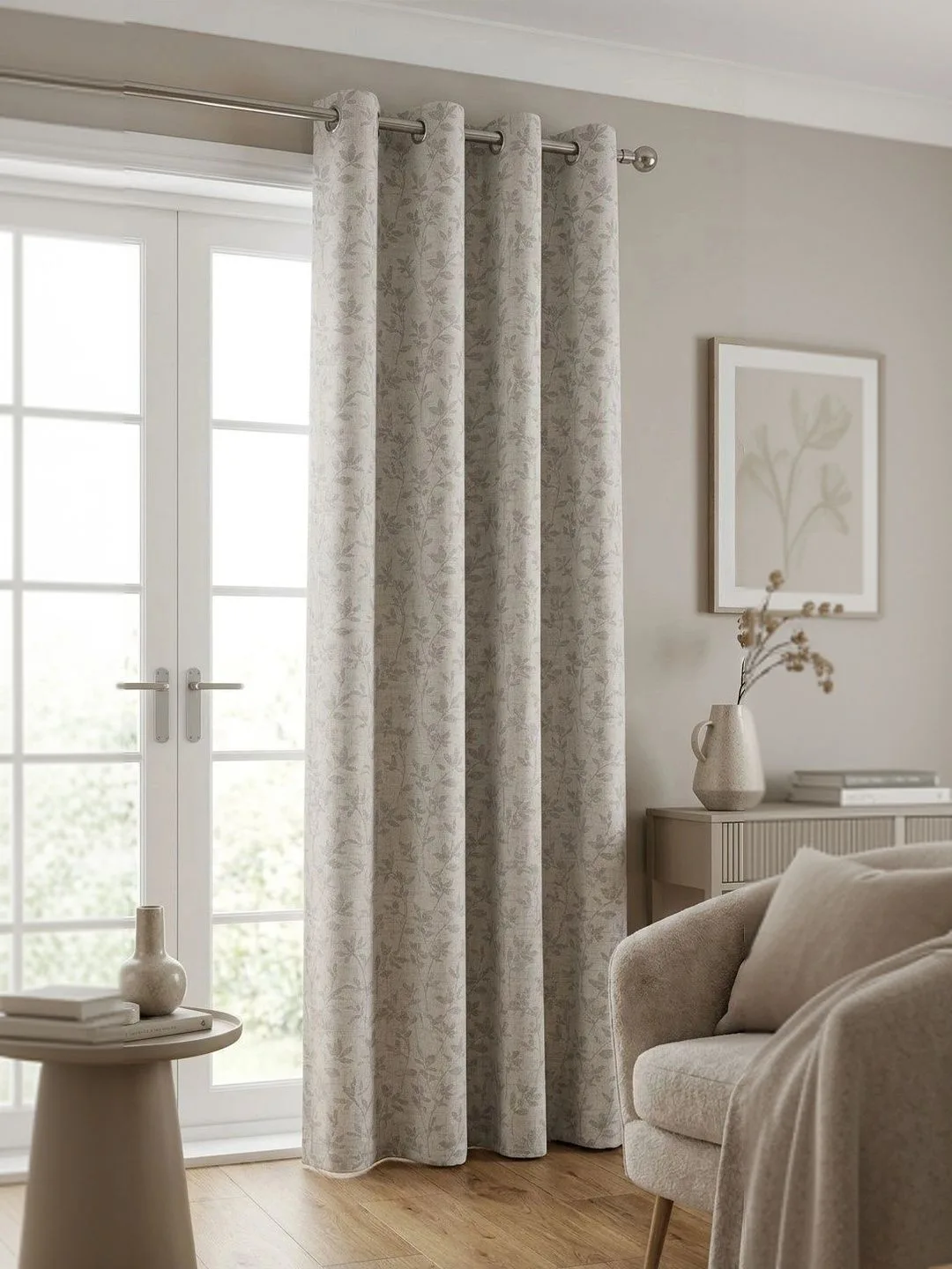 Beige & Taupe Leaf eyelet curtain in beige & taupe, size guide