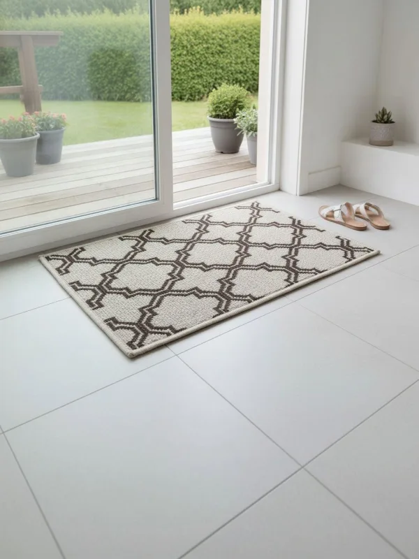 Beige Moroccan Trellis Anti-Skid Doormat 60 x 40 cm in beige & charcoal, styled at the entrance