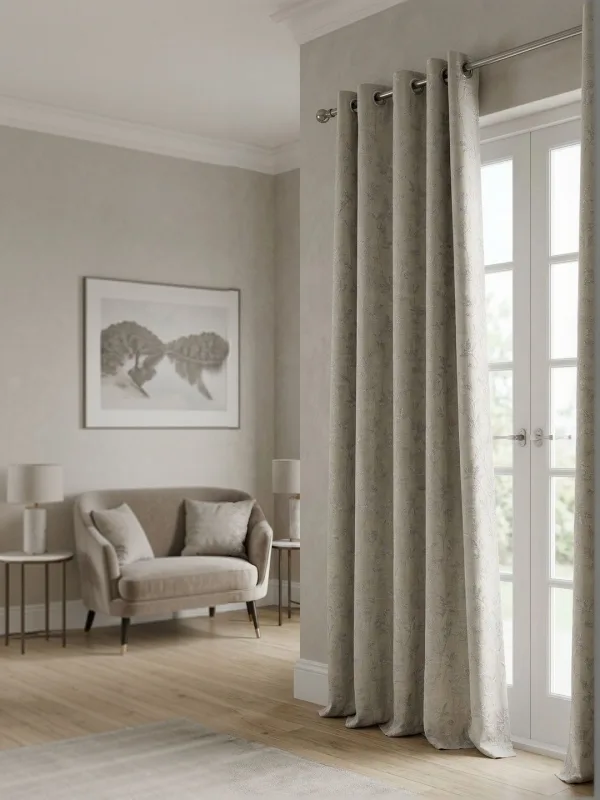 Beige Tonal Leaf eyelet curtain in beige, styled in a room