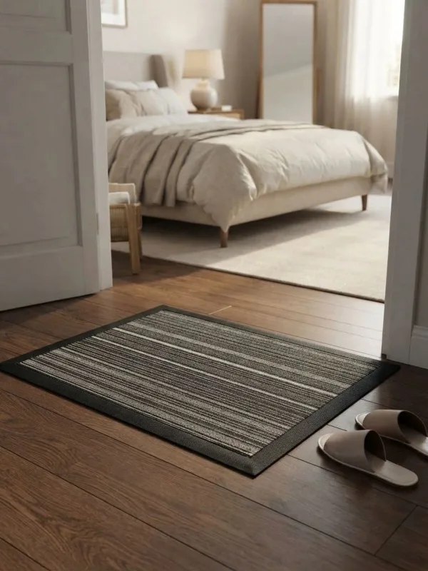 Black & Beige Striped Rubber-Border Doormat 75 x 45 cm in black & beige, styled at the entrance