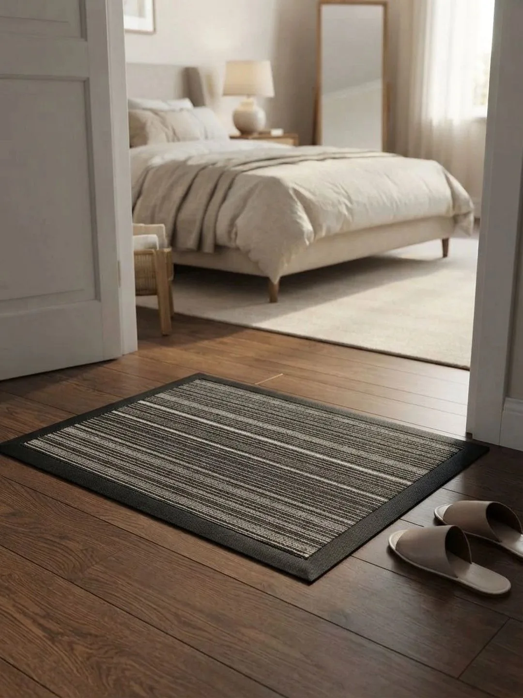 Black & Beige Striped Rubber-Border Doormat 75 x 45 cm in black & beige, styled at the entrance