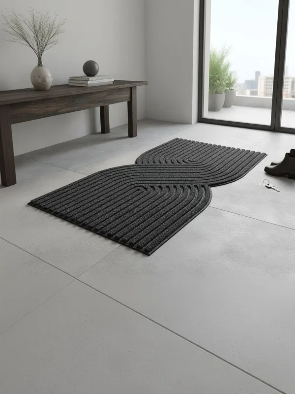 Black Sculpted Twist Anti-Skid Doormat 75 x 45 cm in black, styled at the entrance