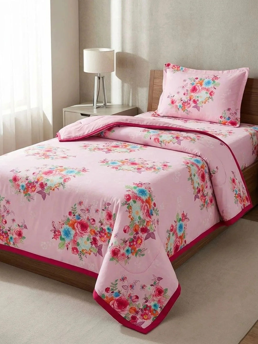 Blush Pink Rose Bouquet 300 GSM cotton single bed dohar in blush pink, styled on a single bed