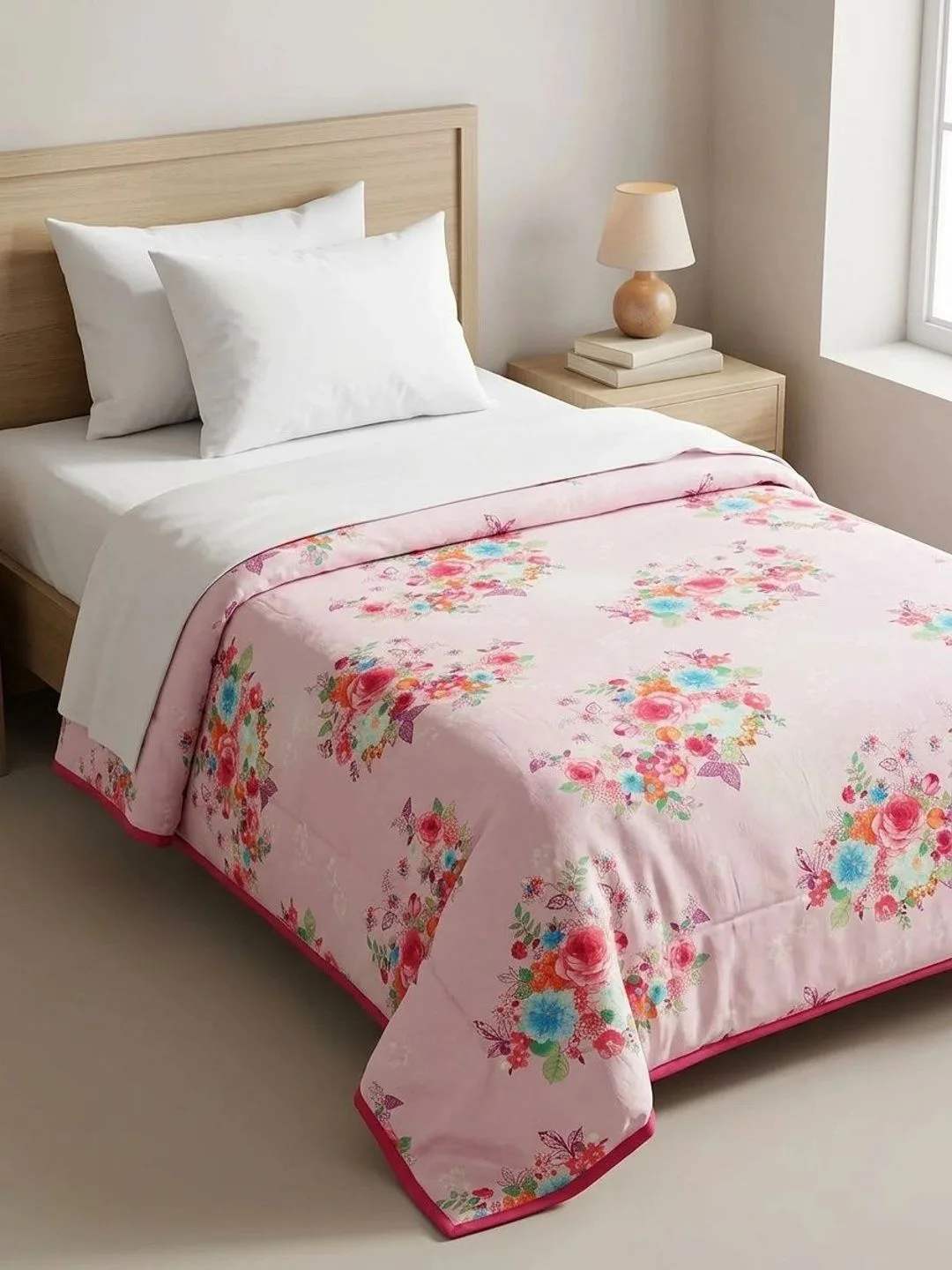 Blush Pink Rose Bouquet 300 GSM cotton single bed dohar in blush pink, full view