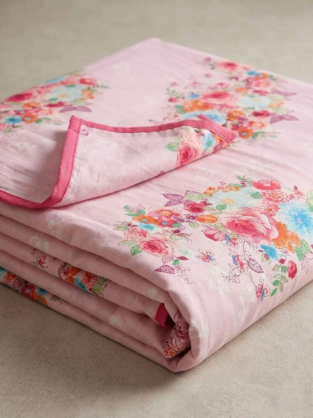 Blush Pink Rose Bouquet 300 GSM cotton single bed dohar in blush pink, print close-up