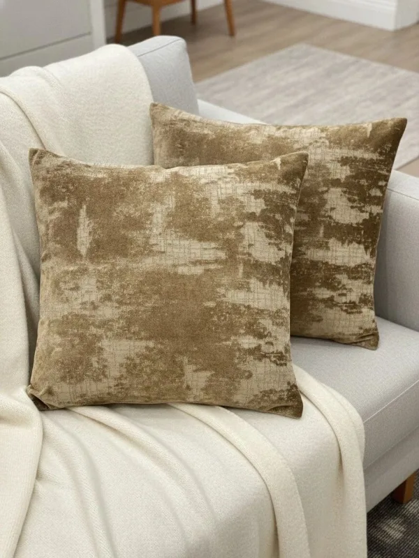 Bronze Distressed Velvet-Look cushion covers, set of 3, 16 x 16 inch, styled on a sofa