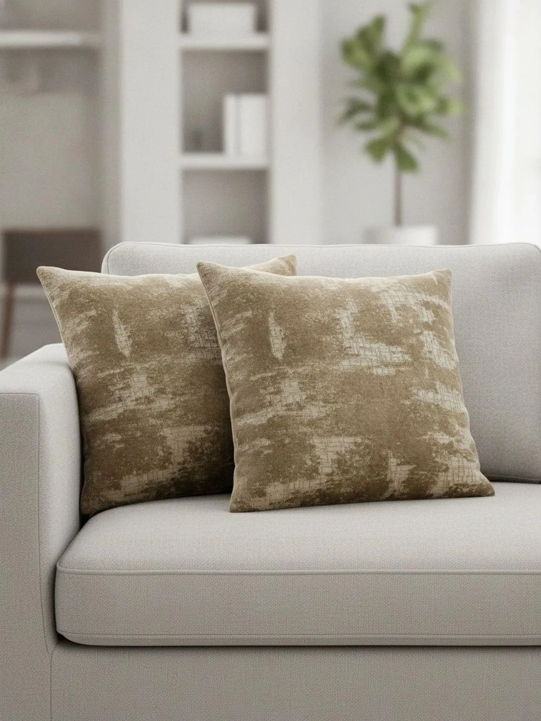 Bronze Distressed Velvet-Look cushion covers, set of 3, 16 x 16 inch, detail view