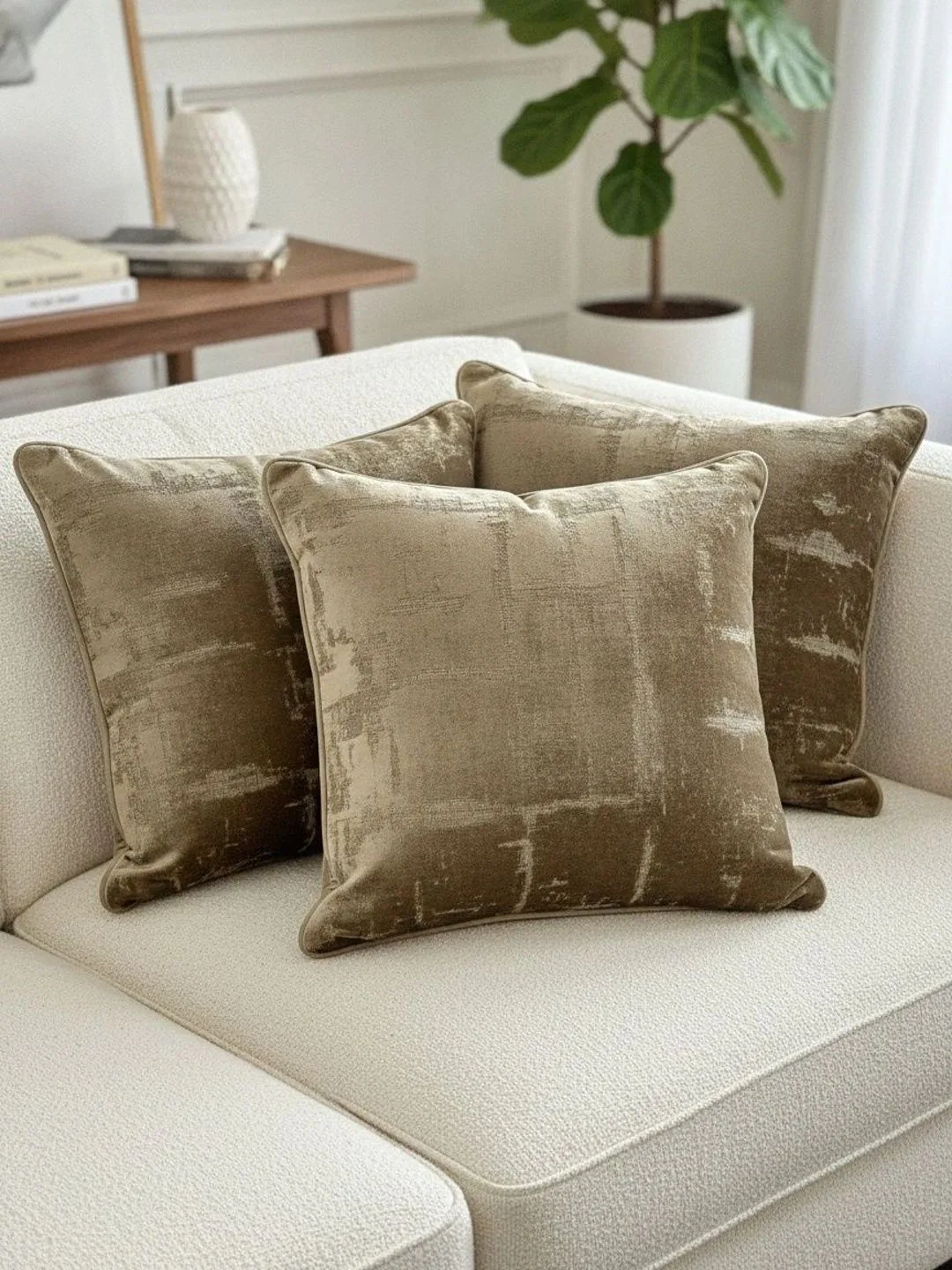 Bronze Distressed Velvet-Look cushion covers, set of 3, 16 x 16 inch, alternate view