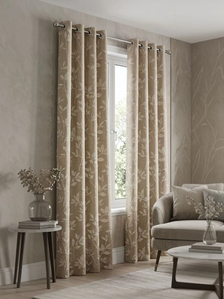 Bronze Trailing Leaf eyelet curtain in bronze & ivory, styled in a room