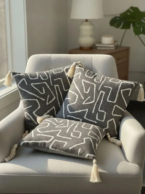 Charcoal Abstract Maze Tasselled cushion covers, set of 2, 16 x 16 inch, styled on a sofa