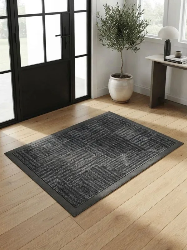 Charcoal Block Pattern Rubber-Border Doormat 75 x 45 cm in charcoal, styled at the entrance