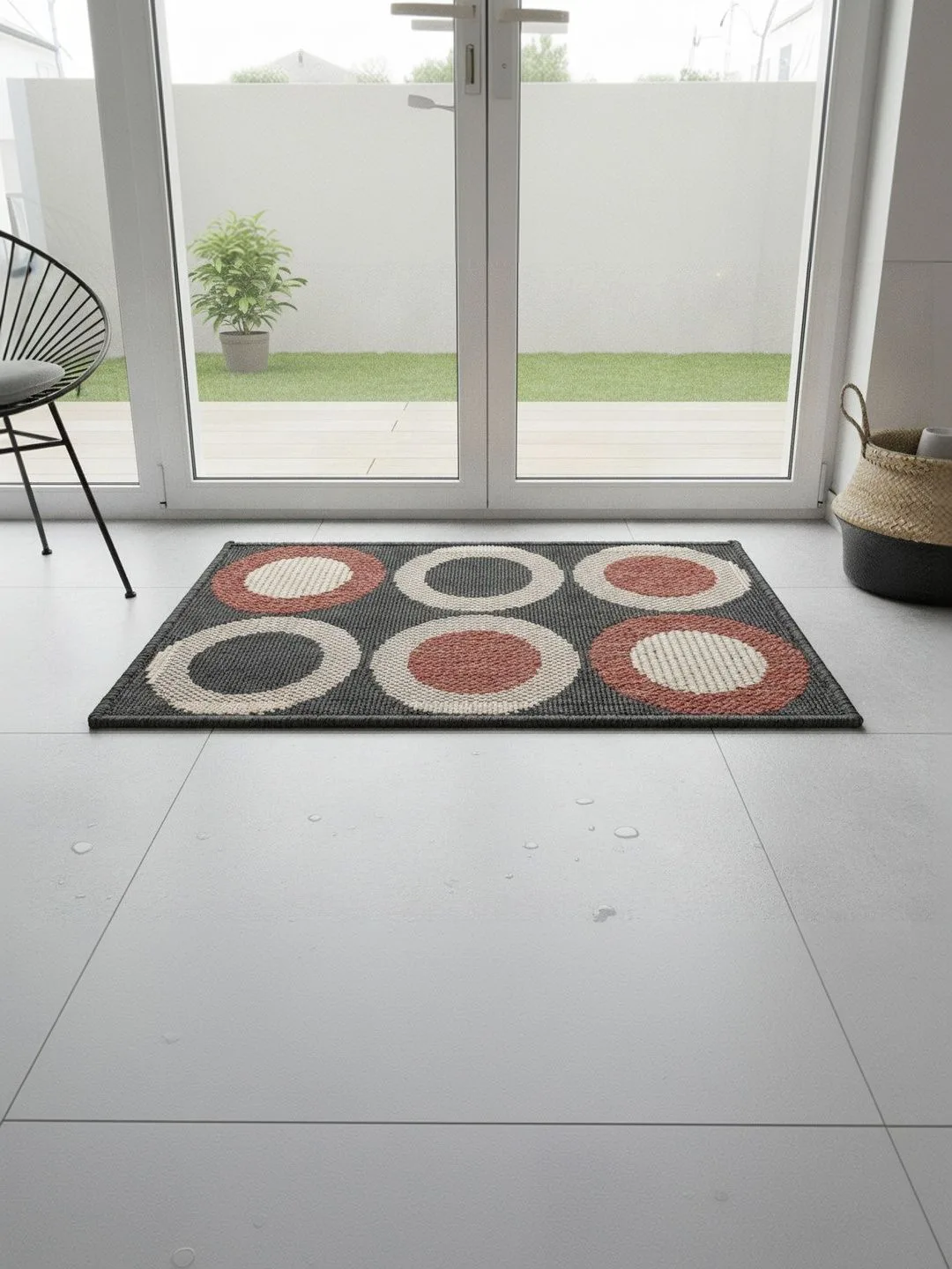 Charcoal Circle Print Anti-Skid Doormat 60 x 40 cm in charcoal & terracotta, full view