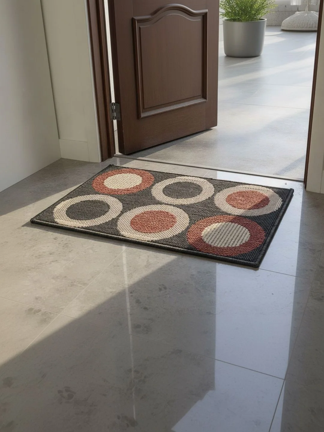 Charcoal Circle Print Anti-Skid Doormat 60 x 40 cm in charcoal & terracotta, texture close-up