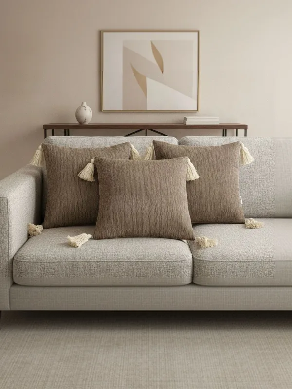 Coffee Brown Textured Tasselled cushion covers, set of 3, 16 x 16 inch, styled on a sofa