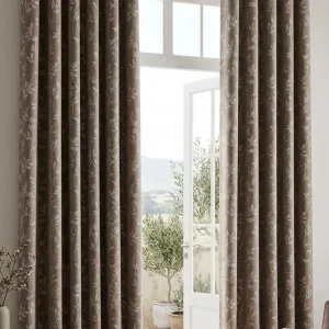Coffee Brown Trailing Leaf eyelet curtain in coffee brown & ivory, styled in a room