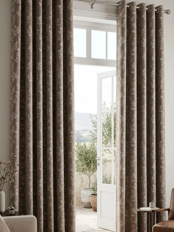 Coffee Brown Trailing Leaf eyelet curtain in coffee brown & ivory, styled in a room