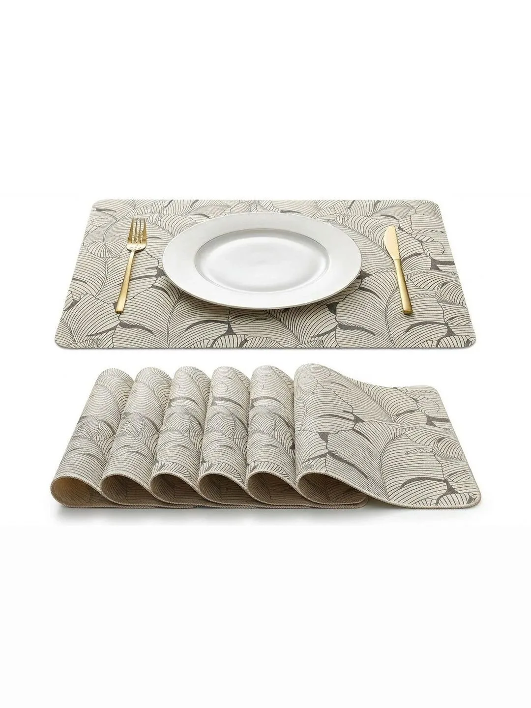 Cream & Gold Leaf Print placemats 46 x 30 cm, styled on a dining table