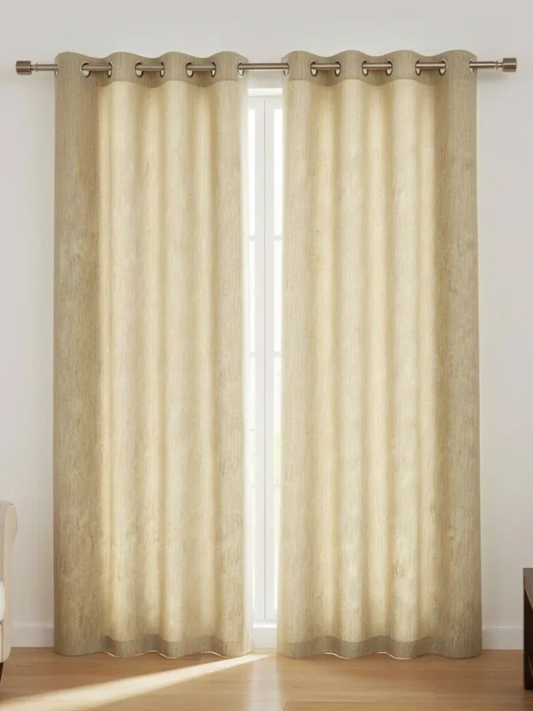 Cream Bark Texture room-darkening curtains in cream, styled in a room