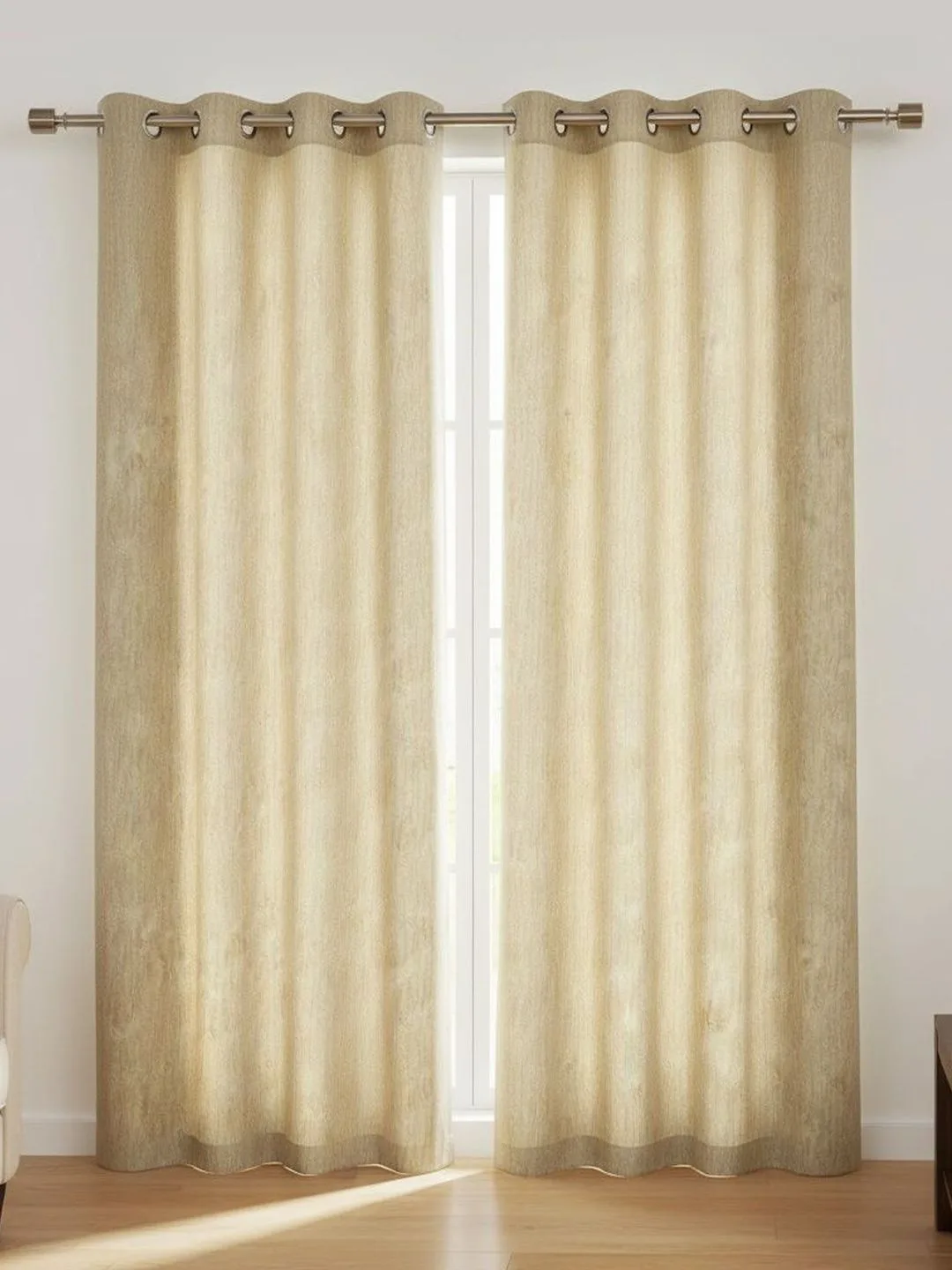 Cream Bark Texture room-darkening curtains in cream, styled in a room
