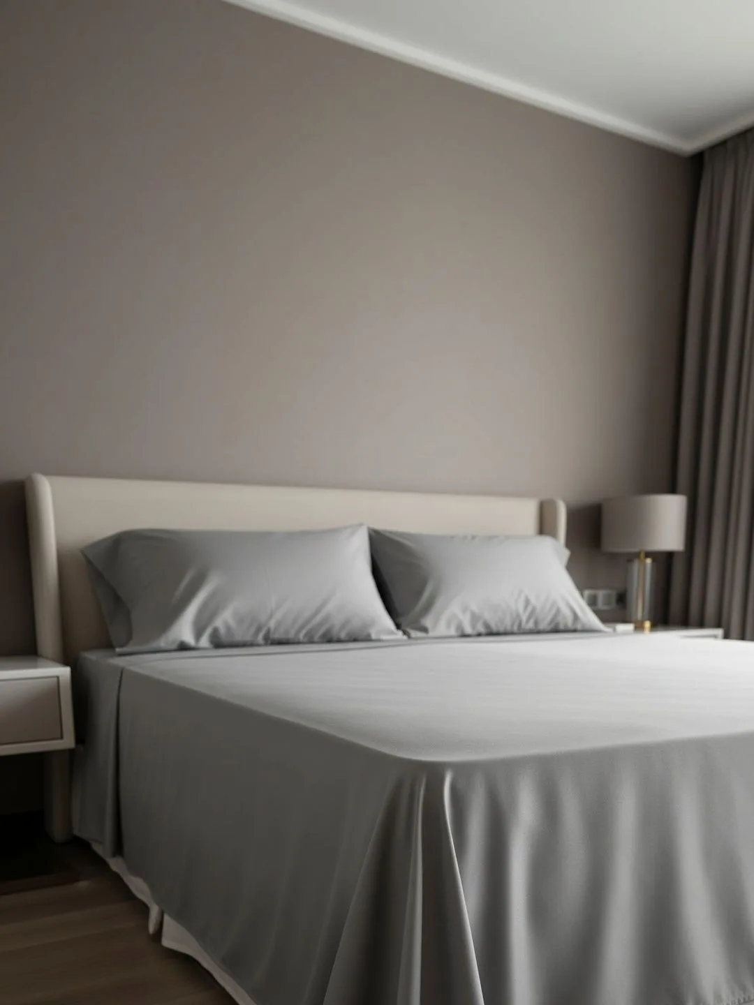 Dove Grey 800 TC Egyptian Cotton king size bedsheet with 2 pillow covers, on a styled king bed