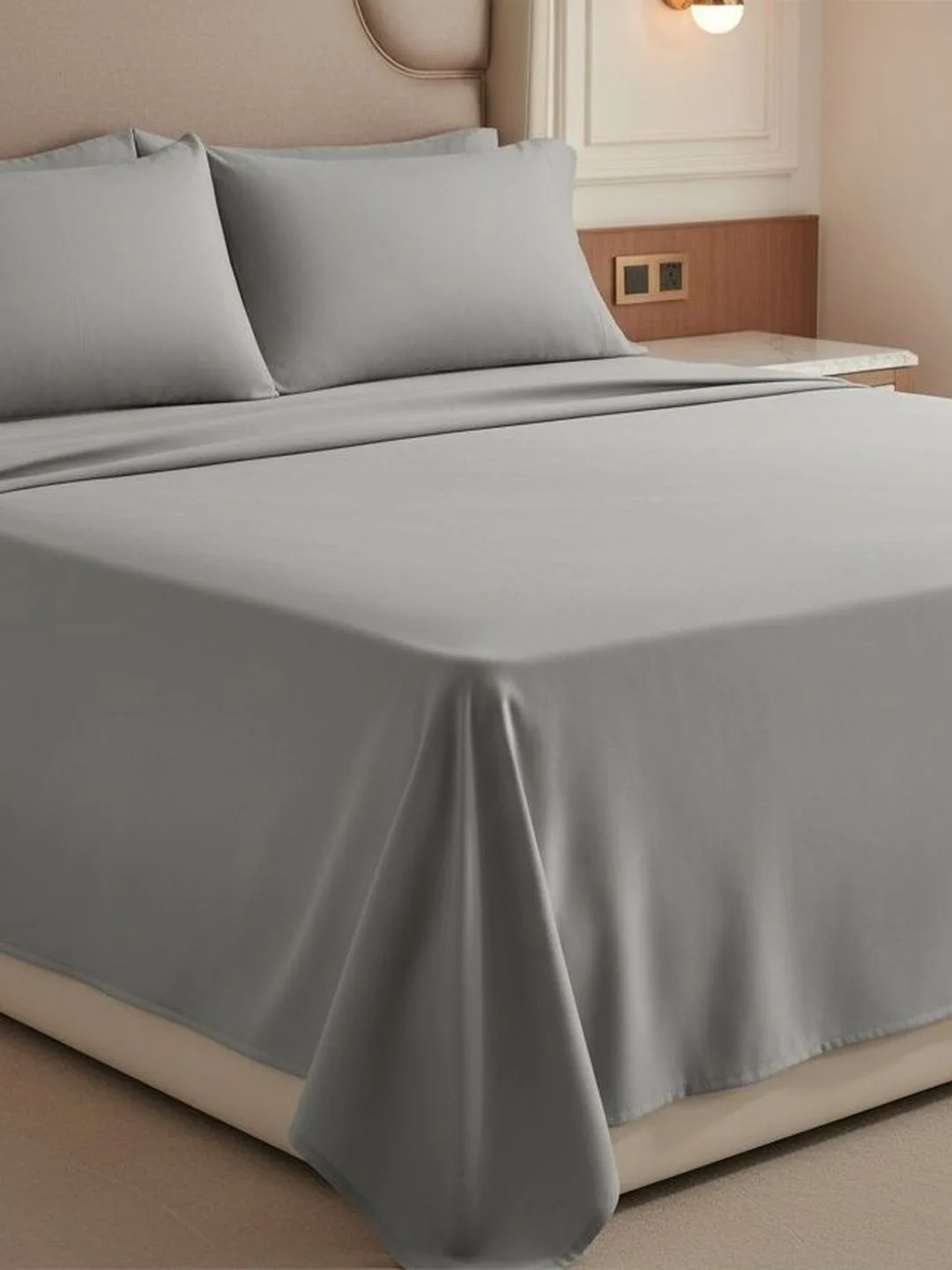 Dove Grey 800 TC Egyptian Cotton king size bedsheet with 2 pillow covers, styled bedroom view