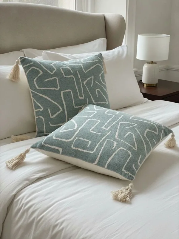 Dusty Teal Geometric Tufted Tasselled cushion covers, set of 2, 16 x 16 inch, styled on a sofa