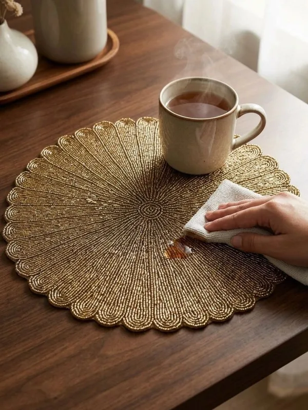Gold Beaded Round placemat 36 cm diameter, styled on a dining table