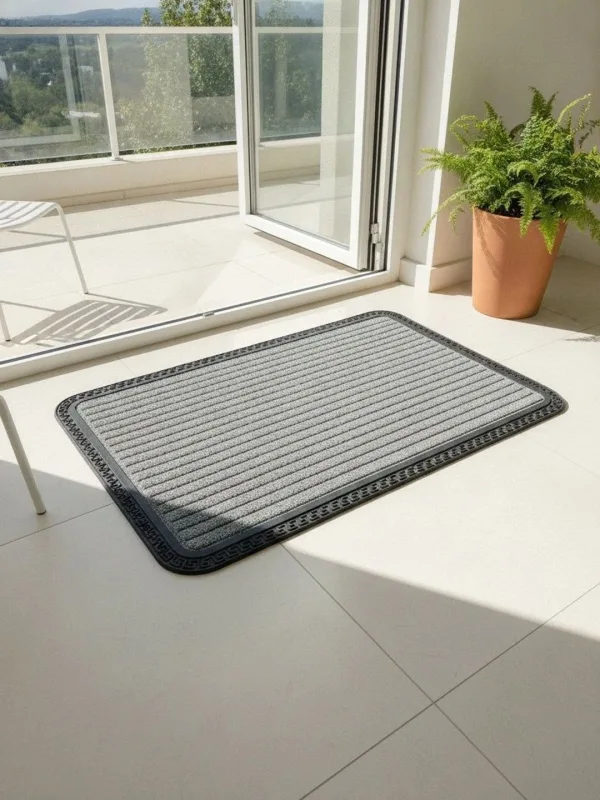 Grey Striped Anti-Skid Doormat 60 x 40 cm in grey & charcoal, styled at the entrance
