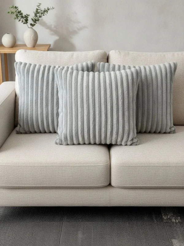 Grey Striped Ribbed cushion covers, set of 3, 16 x 16 inch, styled on a sofa