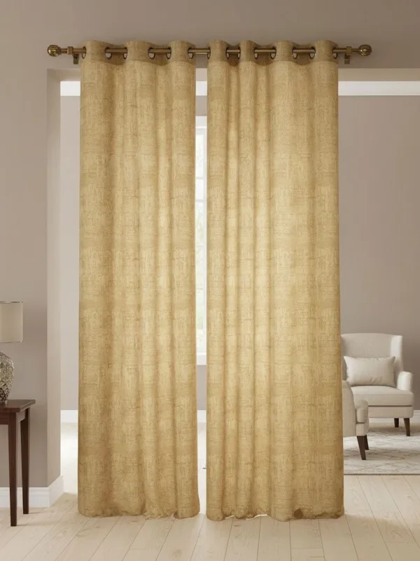 Honey Gold Crosshatch Texture room-darkening curtains in honey gold, styled in a room