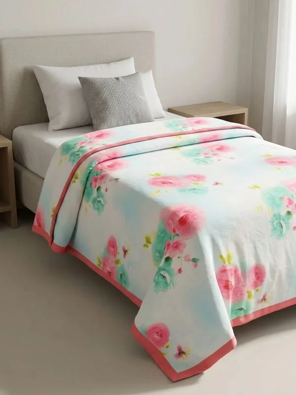 Ivory & Coral Rose 300 GSM cotton single bed dohar in ivory & coral, styled on a single bed