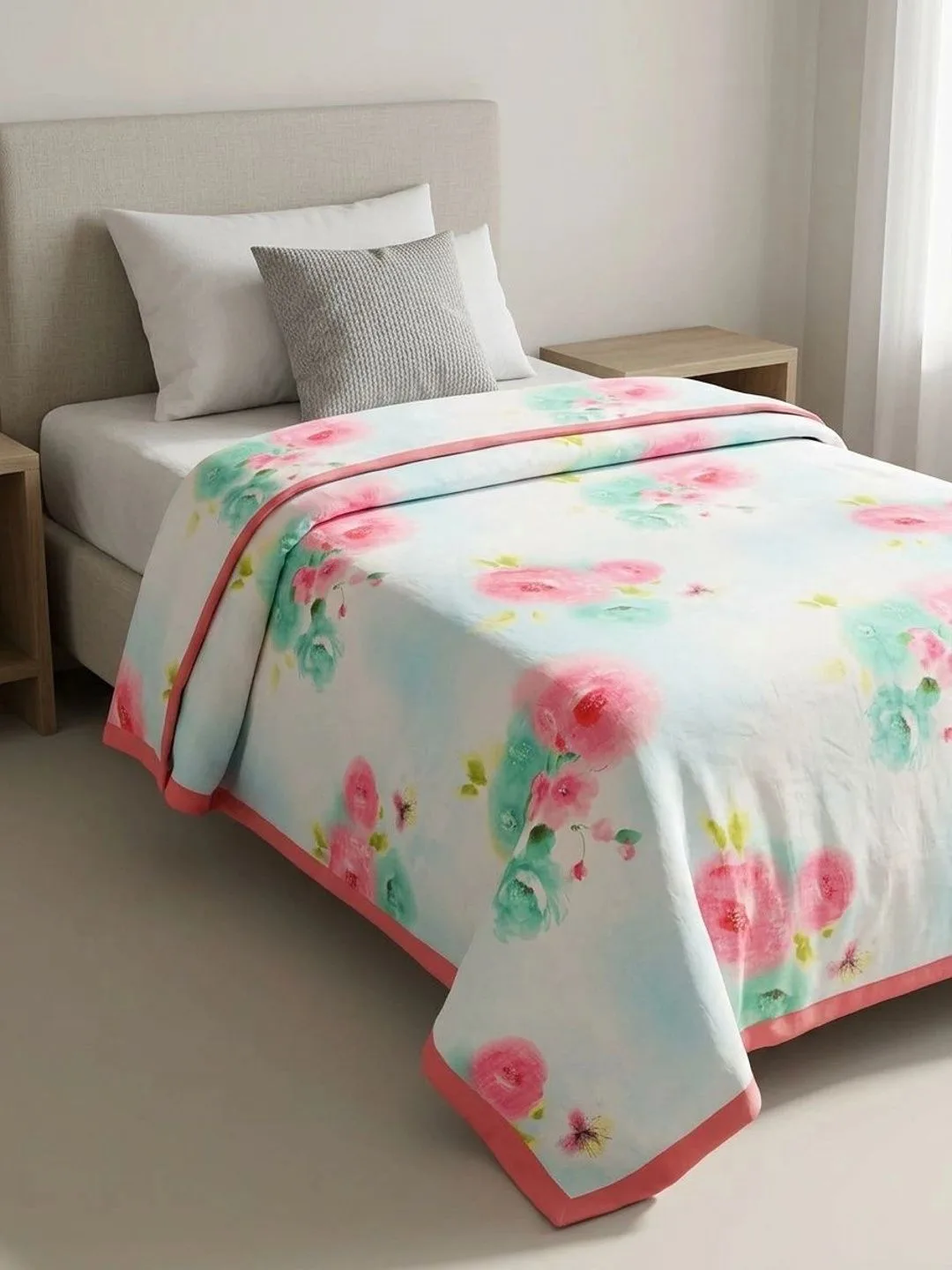 Ivory & Coral Rose 300 GSM cotton single bed dohar in ivory & coral, styled on a single bed
