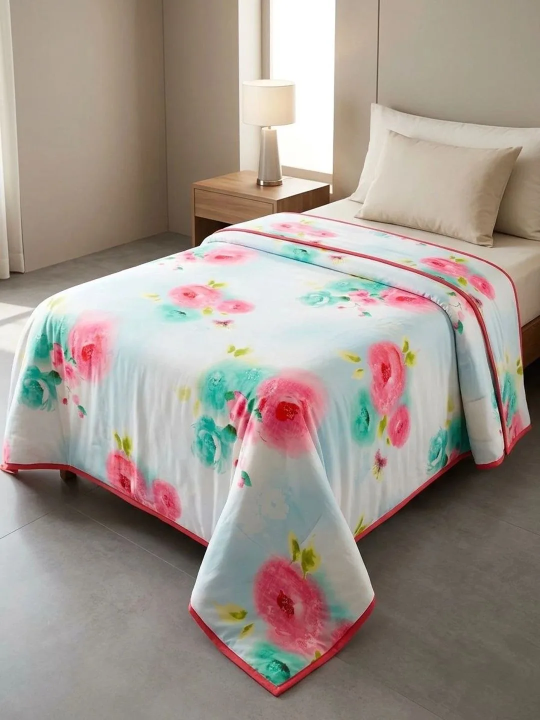 Ivory & Coral Rose 300 GSM cotton single bed dohar in ivory & coral, full view