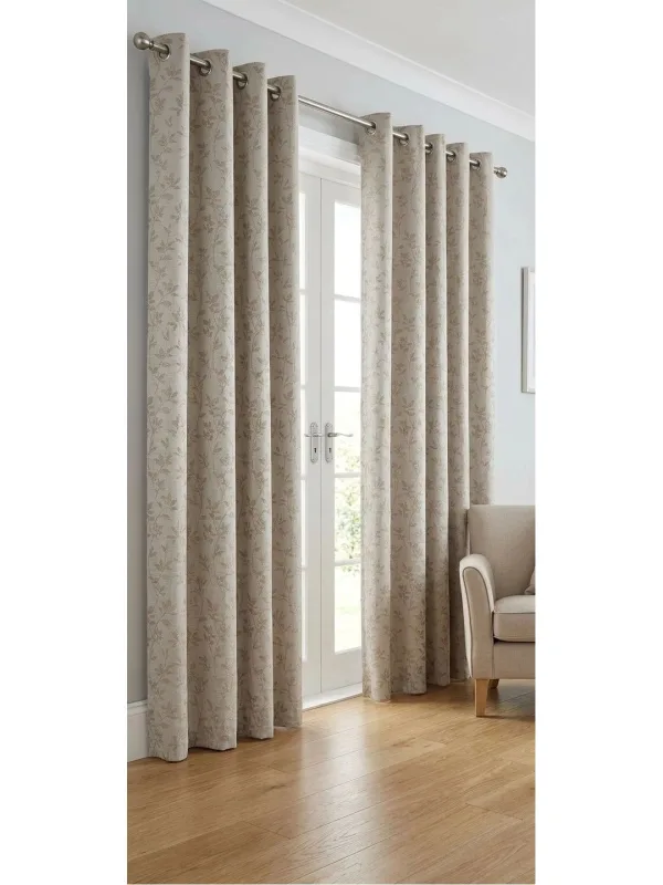 Ivory & Gold Trailing Leaf eyelet curtain in ivory & gold, styled in a room