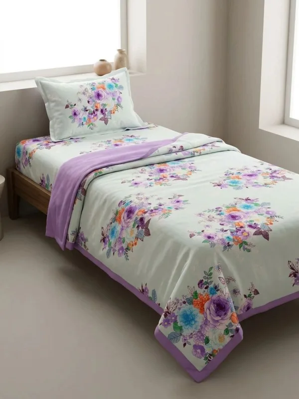 Ivory & Lavender Bouquet 300 GSM cotton single bed dohar in ivory & lavender, styled on a single bed