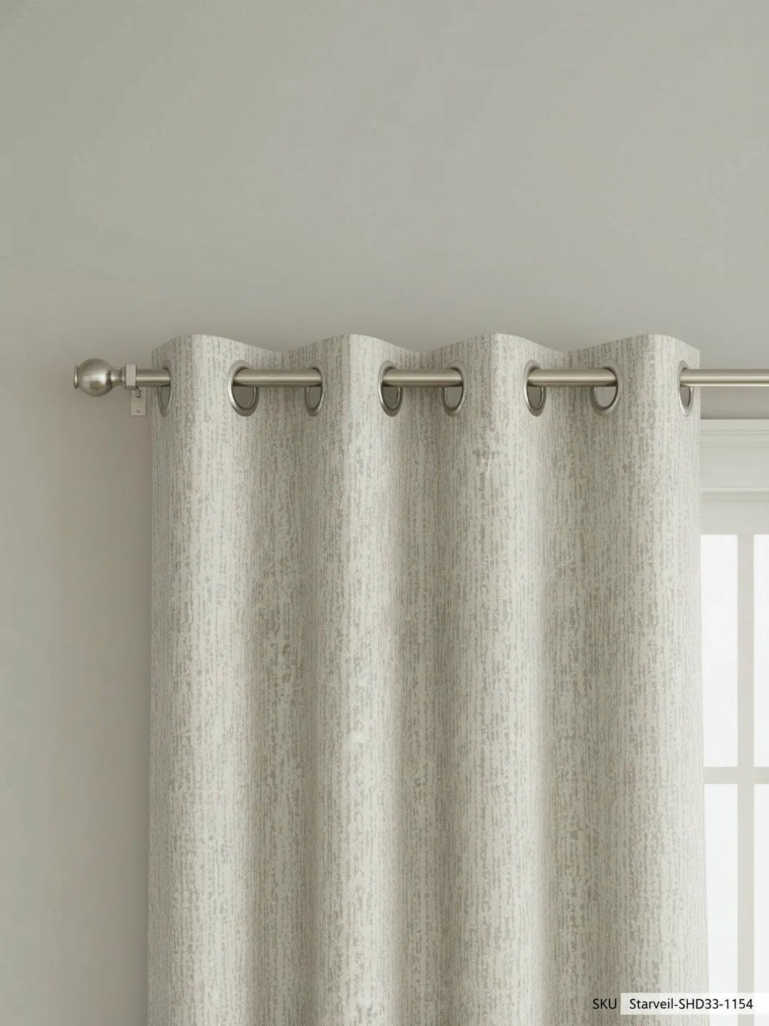 Ivory & Silver Bark Texture room-darkening curtains in ivory & silver, eyelet heading close-up