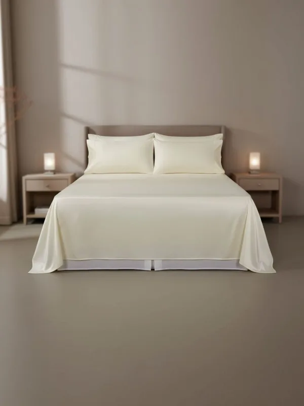 Ivory Cream 600 TC Egyptian Cotton king size bedsheet with 2 pillow covers, on a styled king bed