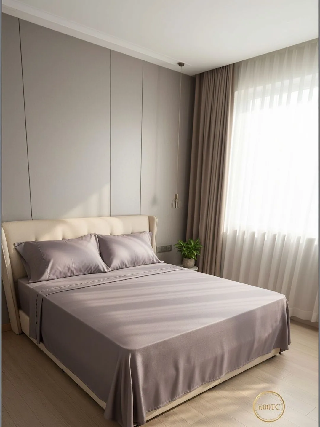 Lavender 600 TC Egyptian Cotton king size bedsheet with 2 pillow covers, styled bedroom view