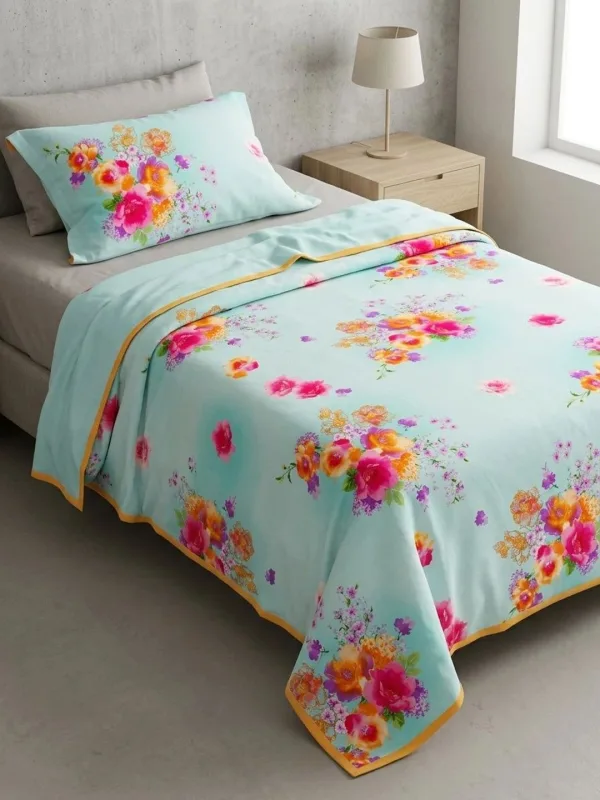 Mint Aqua Bouquet 300 GSM cotton single bed dohar in mint aqua, styled on a single bed