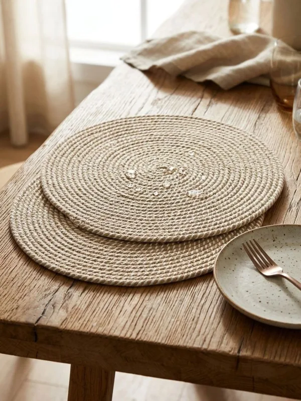 Natural Jute Braided Round placemats 36 cm diameter, styled on a dining table