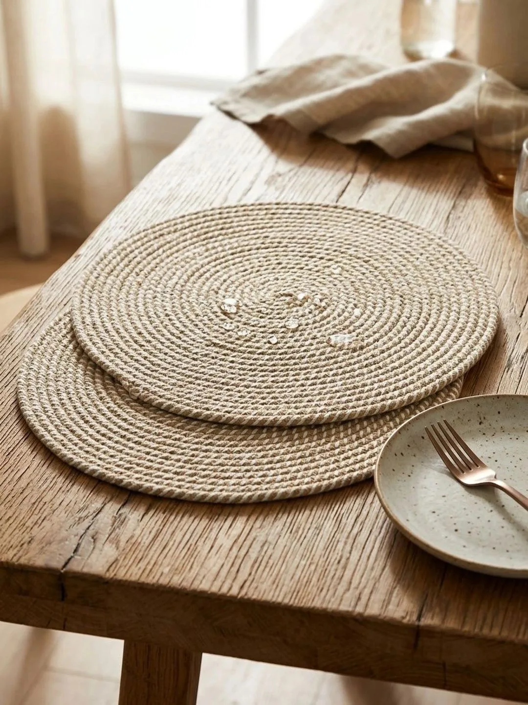 Natural Jute Braided Round placemats 36 cm diameter, styled on a dining table
