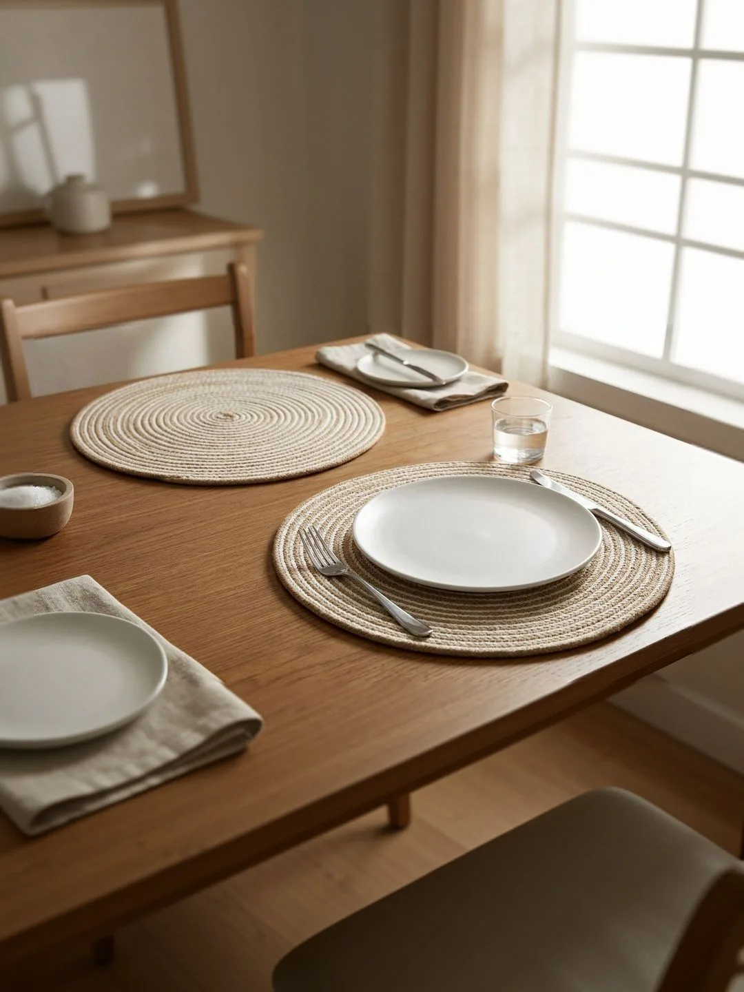 Natural Jute Braided Round placemats 36 cm diameter, detail view