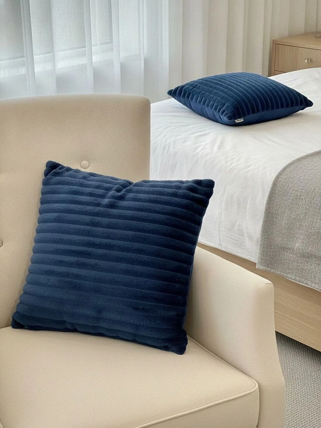 Navy Blue Channel Ribbed cushion covers, set of 3, 16 x 16 inch, texture close-up
